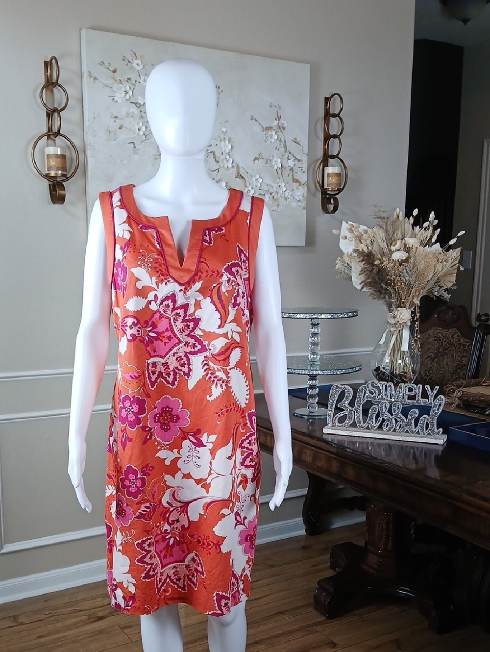 Ann Taylor Women's Summer Cotton Orange Floral Shift Sleeveless Dress Size 12